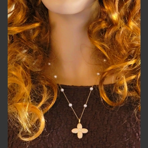 Aaron Basha 18k Gold Diamond Enamel Cross Pendant-14k Gold Pearl Necklace 20.6gm